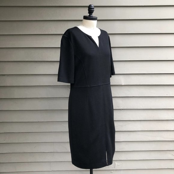 ST. JOHN Caviar Milano Knit Front Slit Split Neck Midi Length Black Sheath Dress - Picture 12 of 16